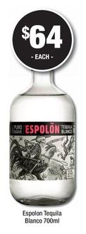 Espolon - Tequila Blanco 700ml offers at $64 in Bottler