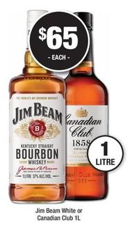 Jim Beam - White Or Canadian Club 1l offers at $65 in Bottler