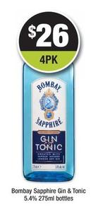 Bombay Sapphire - Gin & Tonic 5.4% 275ml Bottles offers at $26 in Bottler