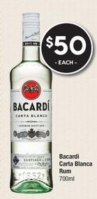 Bacardi - Carta Blanca Rum 700ml offers at $50 in Super Cellars