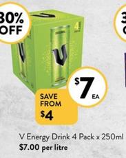 V - Energy Drink 4 Pack x 250ml offers at $7 in Foodworks
