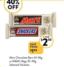 Mars - Chocolate Bars 44-56g Or M&m’s Bags 35-49g Selected Varieties offers at $2.5 in Foodworks
