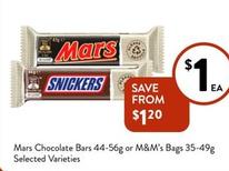 Mars - Chocolate Bars 44-56g Or M&m’s Bags 35-49g Selected Varieties offers at $1 in Foodworks