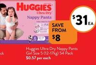 Huggies - Ultra Dry Nappy Pants Girl Size 5 (12-17kg) 54 Pack offers at $31 in Foodworks