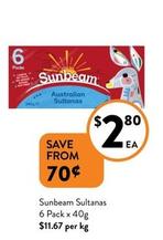 Sunbeam - Sultanas 6 Pack X 40g offers at $2.8 in Foodworks
