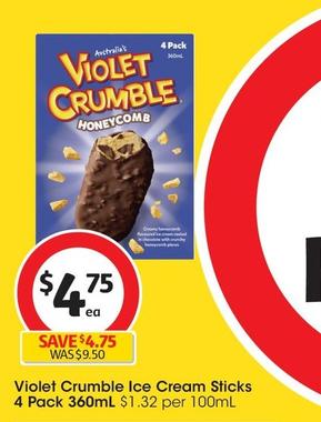 Violet Crumble - Ice Cream Sticks 4 Pack 360ml offers at $4.75 in Coles