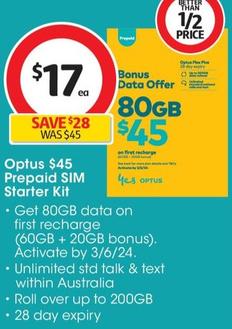 Optus - $45 Prepaid SIM Starter Kit offers at $17 in Coles