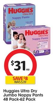 Huggies - Ultra Dry Jumbo Nappy Pants 48 Pack-62 Pack offers at $31 in Coles