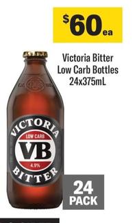 Victoria Bitter - Low Carb Bottles 24x375ml offers at $60 in Coles