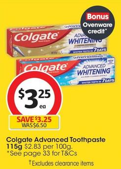 Colgate - Advanced Toothpaste 115g offers at $3.48 in Coles