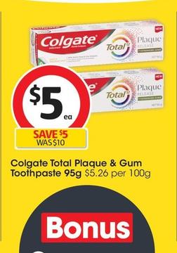 Colgate - Total Plaque & Gum Toothpaste 95g offers at $5.35 in Coles