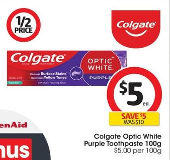 Colgate - Optic White Purple Toothpaste 100g offers at $5.35 in Coles