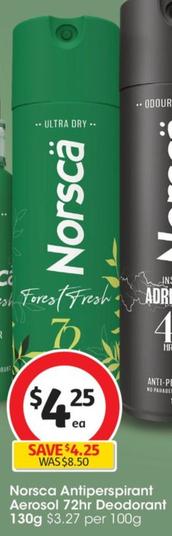 Norsca - Antiperspirant Aerosol 72hr Deodorant 130g offers at $4.55 in Coles