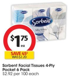 Sorbent - Facial Tissues 4-Ply Pocket 6 Pack offers at $1.75 in Coles