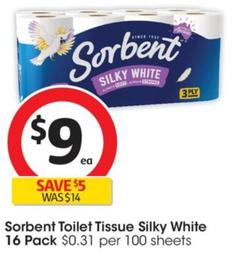 Sorbent - Toilet Tissue Silky White 16 Pack offers at $9 in Coles