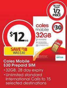Coles - Mobile $30 Prepaid SIM offers at $12 in Coles