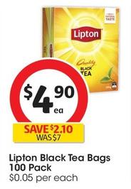 Lipton - Black Tea Bags 100 Pack offers at $4.9 in Coles