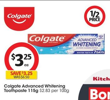 Colgate - Advanced Whitening Toothpaste 115g offers at $3.25 in Coles