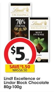 Lindt - Excellence Block Chocolate 80g-100g offers at $5 in Coles