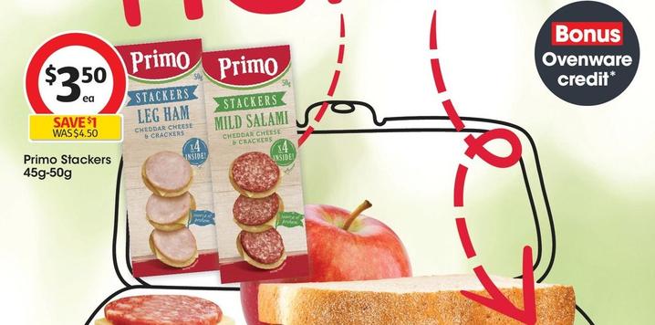Primo - Stackers 45g-50g offers at $3.5 in Coles