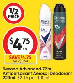 Rexona - Advanced 72hr Antiperspirant Aerosol Deodorant 220mL offers at $4.75 in Coles