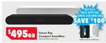 Sonos - Ray Compact Soundbar offers at $495 in Harvey Norman
