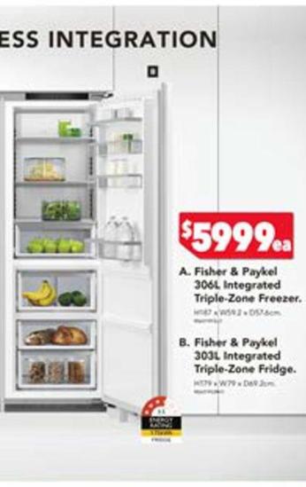 Fisher & Paykel - 303l Integrated Triple-zone Fridge offers at $5999 in Harvey Norman