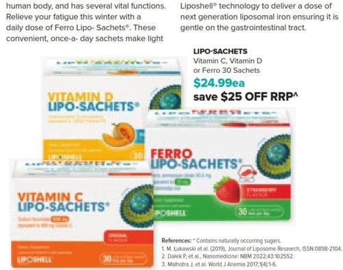 Lipo-sachets - Vitamin C, Vitamin D Or Ferro 30 Sachets offers at $24.99 in Ramsay Pharmacy