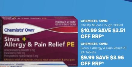 Chemists' Own - Sinus + Allergy & Pain Relief Pe 24 Tablets offers at $9.99 in Malouf Pharmacies