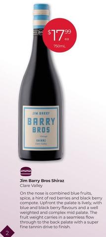 Jim Barry - Bros Shiraz offers at $17.99 in Porters