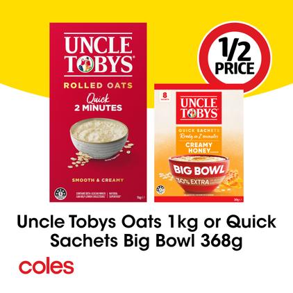 Uncle Tobys Oats or Quick Sachets Big Bowl offers at $3.25 in Coles
