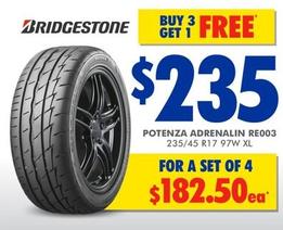 Bridgestone - Potenza Adrenalin RE003 offers at $235 in Bob Jane T-Marts
