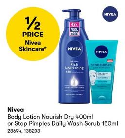 Nivea - Body Lotion Nourish Dry 400ml or Stop Pimples Daily Wash Scrub 150ml offers in BIG W