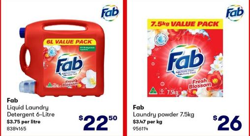 Fab - Liquid Laundry Detergent 6- litre or Laundry Powder 7.5kg offers in BIG W
