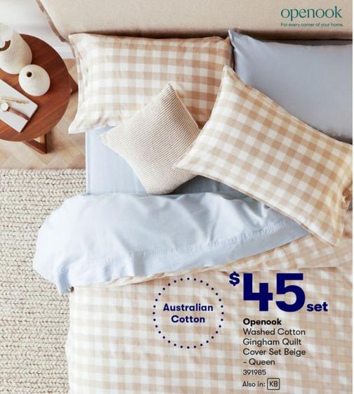 Openook - Washed Cotton Gingham Quilt Cover Set Beige - Queen offers at $45 in BIG W