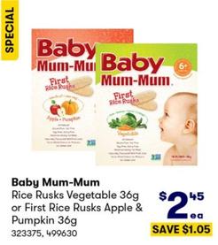Baby Mum-Mum - Rice Rusks Vegetable 36g or First Rice Rusks Apple & Pumpkin 36g offers at $2.45 in BIG W