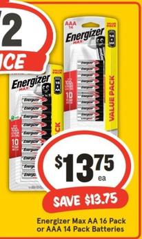 Energizer - Max Aa 16 Pack Or Aaa 14 Pack Batteries offers at $13.75 in IGA