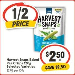 Harvest Snaps - Baked Pea Crisps 120g Selected Varieties offers at $2.5 in IGA