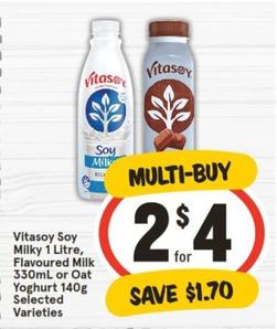 Vitasoy - Soy Milky 1 Litre, Flavoured Milk 330ml Or Oat Yoghurt 140g Selected Varieties offers at $4 in IGA