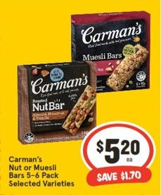 Carman's - Nut Or Muesli Bars 5-6 Pack Selected Varieties offers at $5.2 in IGA