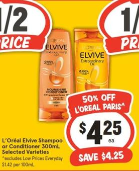 L'oreal - Elvive Shampoo Or Conditioner 300ml Selected Varieties offers at $4.25 in IGA