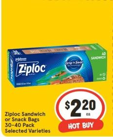 Ziploc - Sandwich Or Snack Bags 30‑40 Pack Selected Varieties offers at $2.2 in IGA
