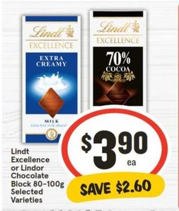 Lindt - Excellence Or Lindor Chocolate Block 80-100g Selected Varieties offers at $3.9 in IGA