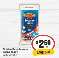 Golden Days - Sesame Snaps 3x40g offers at $2.5 in IGA