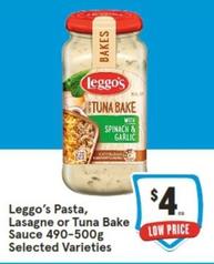 Leggo's - Pasta, Lasagne Or Tuna Bake Sauce 490-500g Selected Varieties offers at $4 in IGA