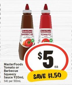 Masterfoods - Tomato Or Barbecue Squeezy Sauce 920ml offers at $5 in IGA