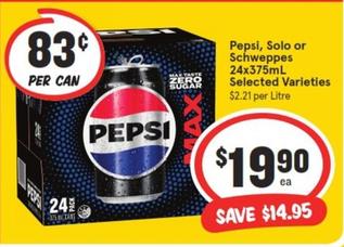Pepsi - Solo Or Schweppes 24x375ml Selected Varieties offers at $19.9 in IGA