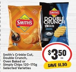 Smith's - Crinkle Cut, Double Crunch, Oven Baked Or Simply Chips 120-170g Selected Varieties offers at $3.5 in IGA
