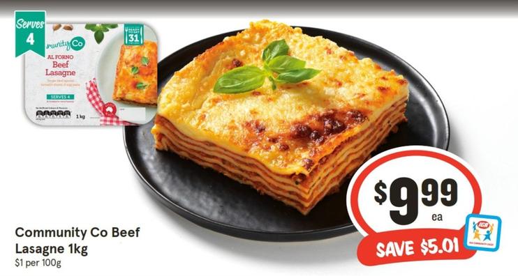 Community Co - Beef Lasagne 1kg offers at $9.99 in IGA