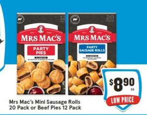 Mrs Mac's - Mini Sausage Rolls 20 Pack Or Beef Pies 12 Pack offers at $8.9 in IGA